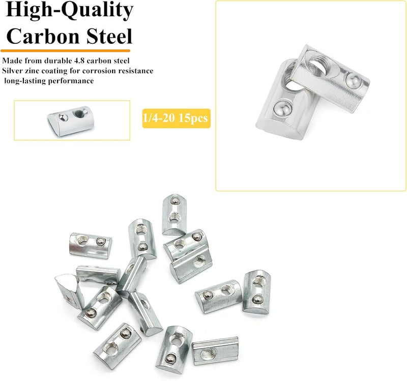 Matrelt 15-Piece 1/4"-20 Spring-Loaded T-Nuts with Ball Bearings Silver Zinc Plated Carbon Steel Spring T Slot Nut for 4040 Series/Slot 8 Aluminum Extrusions - Image 3